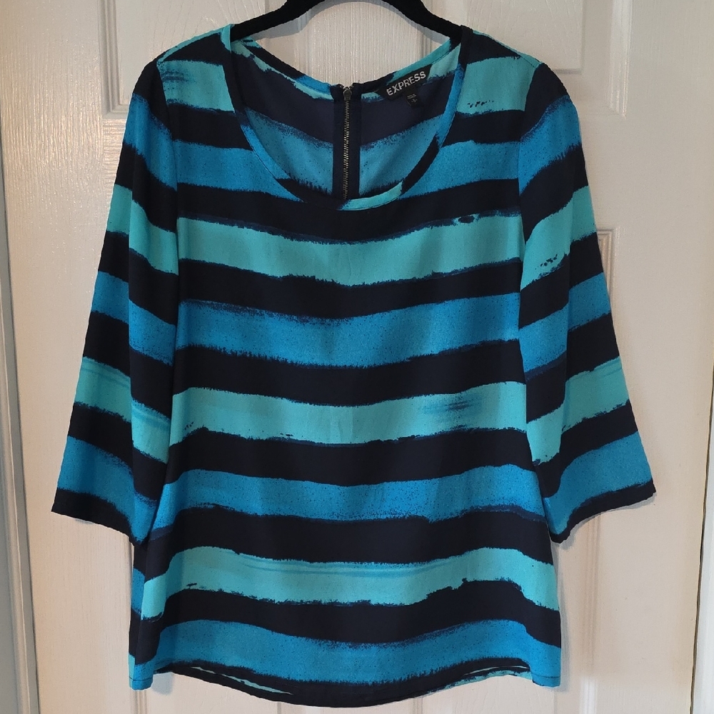 Express Women's Aqua and Navy Striped Blouse With Zipper Detail In Back